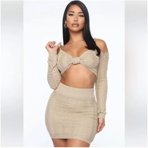 🪞 NWT taupe open crochet knit sweater top + skirt matching set